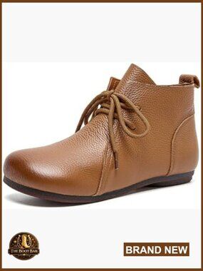 Women's Leather Ankle Booties Lace Up Flat Pull On Short Boots